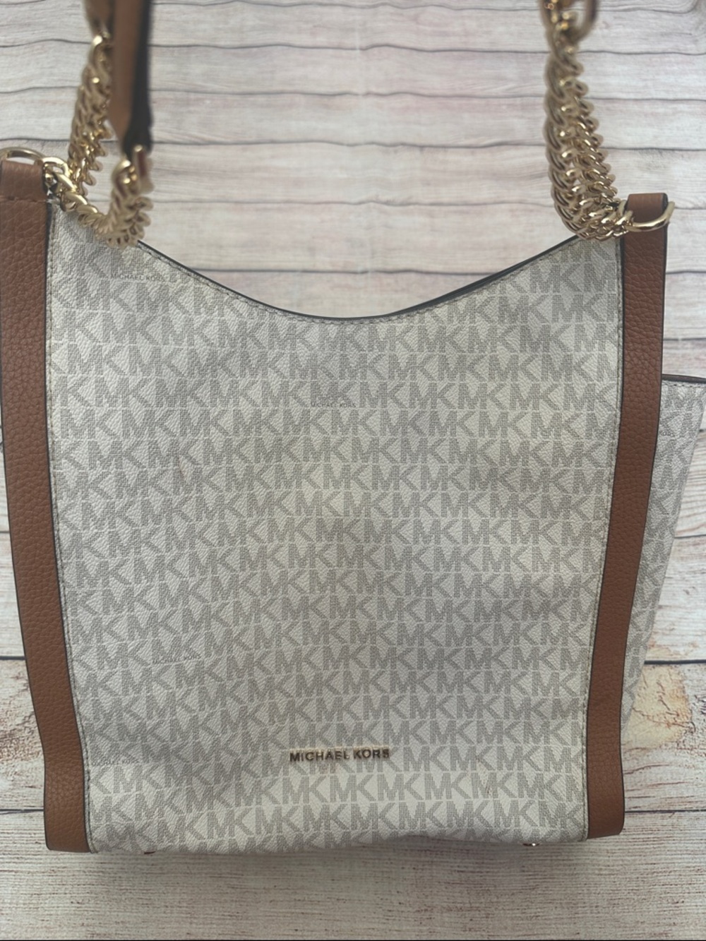 Michael Kors Beige Monogram Shoulder Bag with Brown Trim and Chain Handles